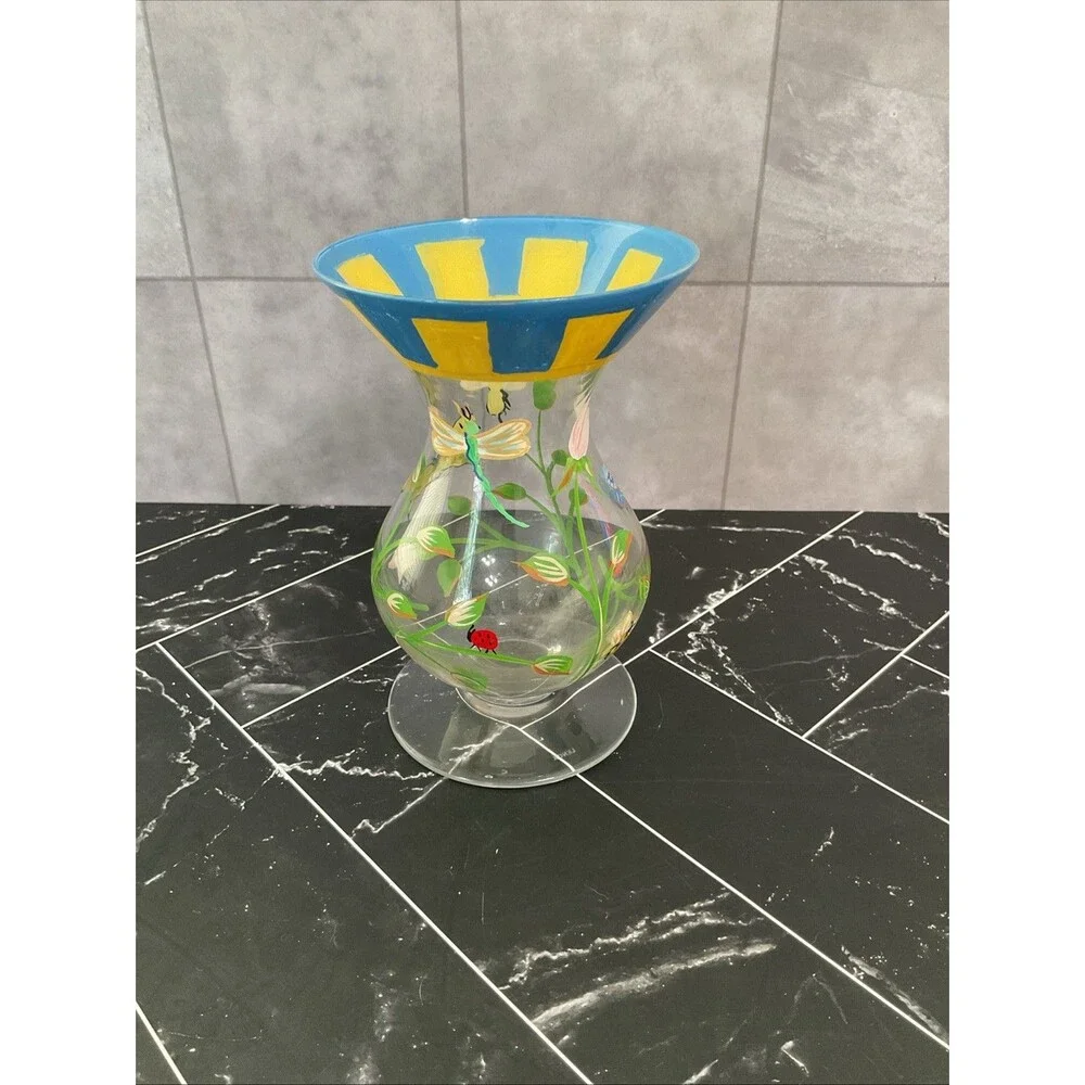 Butterfly Meadow Dragonfly Ladybug FlowerHand Painted Glass Vase 6”